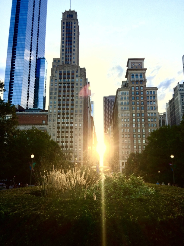 Setting sun from Millennium Park Chicago