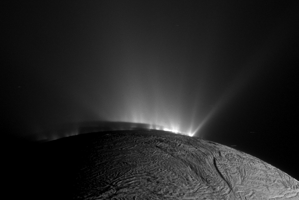 Shadows and Ice Plumes Across Saturns moon Enceladus 