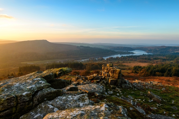 Sheepstor and Burrator Reservoir at sunrise seen from Leather Tor Dartmoor 