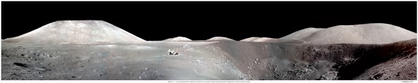 Shorty Crater Panorama - A  photograph of astronaut Harrison Schmitt with the lunar rover on Moon near the edge of Shorty Crater 