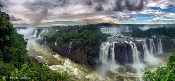 -shot wide angle panorama of the Iguazu Falls one of the worlds largest waterfalls on the ArgentinianBrazilian border photo by Trent Blomfield