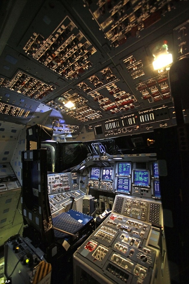 Shuttle Endeavours cockpit before all systems are shut down an it becomes a museum piece