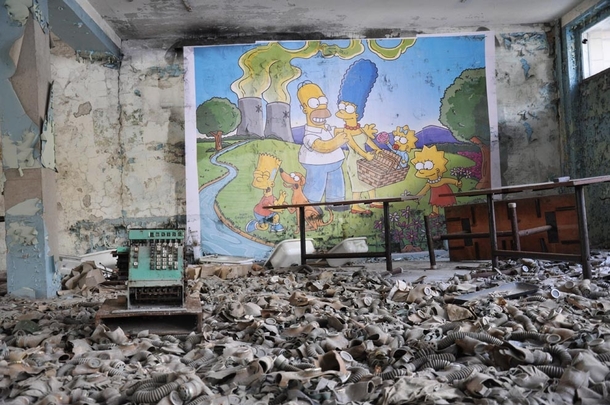 Simpsons mural at an abandoned building in Chernobyl 