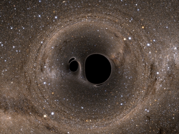 simulation of two merging black holes in front of the Milky Way 