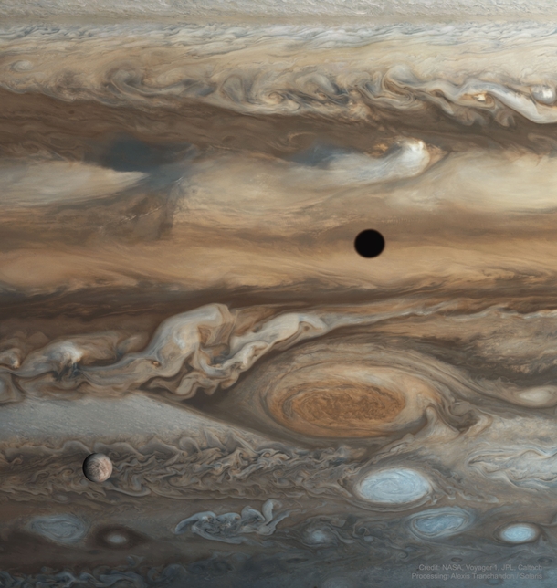 Sixteen frames from Voyager s flyby of Jupiter in  were recently reprocessed and merged to create this image Europa can be seen bottom left and the shadow of io is also visible