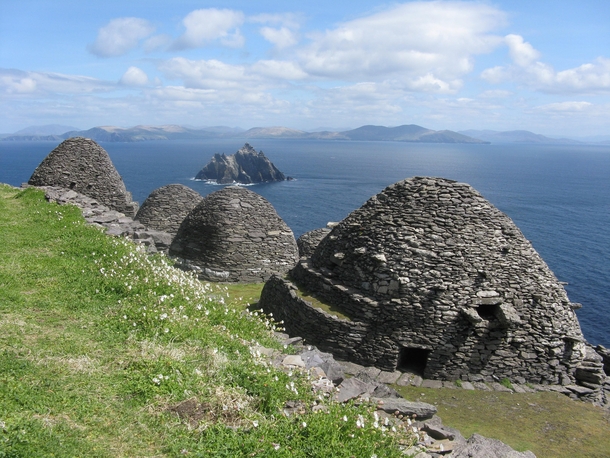 Skellig Michael islands Ireland Location of abandoned monastery and Star Wars movies Image of drystone hives Link in comments