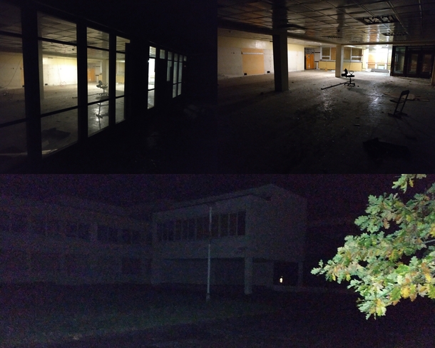 Sketchy abandoned school with some lights still working