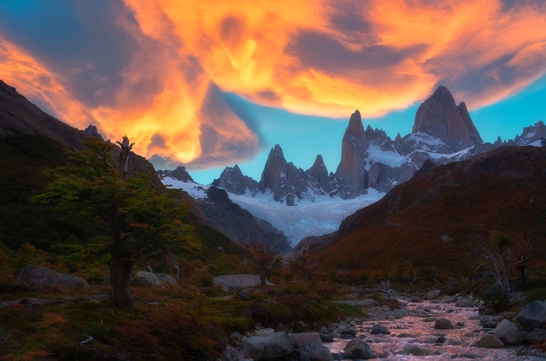 Sky on Fire during incredible sunset over Mt Fitz Roy near El Chalten Argentina - x 