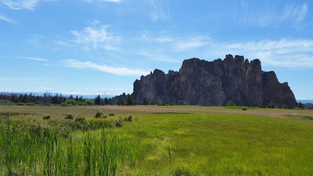 Smith Rock in Oregon with the Three Sisters in the distance 