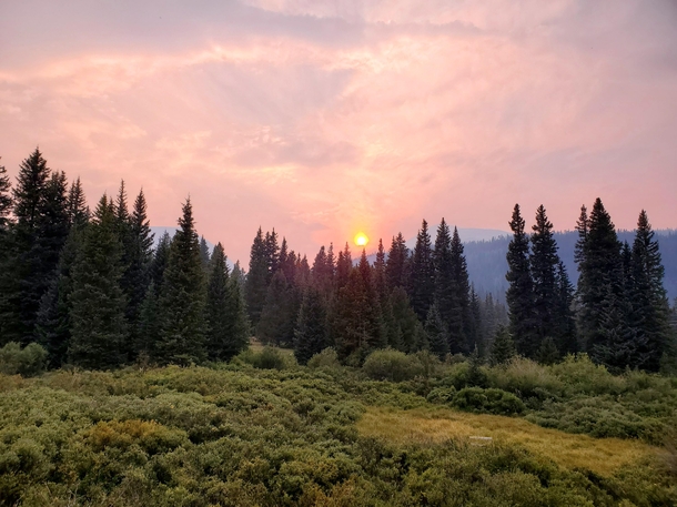 Smoky skies turn the sunset pink in Breckenridge Colorado  No filter straight from the camera