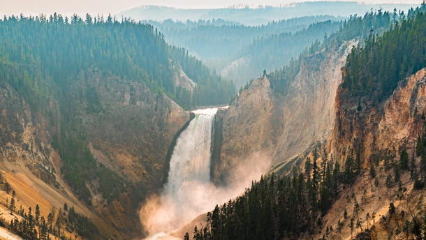 Smoky Views of the Lower Falls on Yellowstone River Wyoming 
