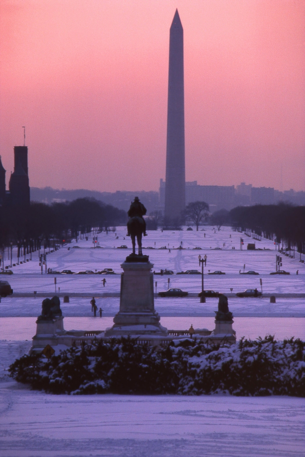 Snow covered dusk in Washington DC OC