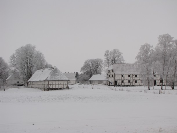 Snow-covered farm Lolland Denmark 