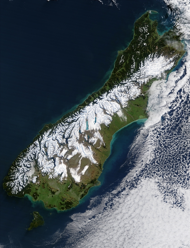 Snow delineates the escarpment formed by the Alpine Fault along the Southern Alps northwest edge near the South Island of New Zealands west coast in a satellite image showing the aftermath of a blizzard Photo Jacques Descloitres  MODIS Rapid Response Team