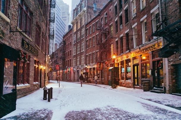 Snow On Stone Street NYC  x-post from rCozyPlaces