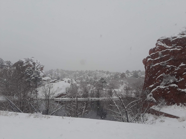 Snowy afternoon at red rocks open space Manitou Springs Colorado 