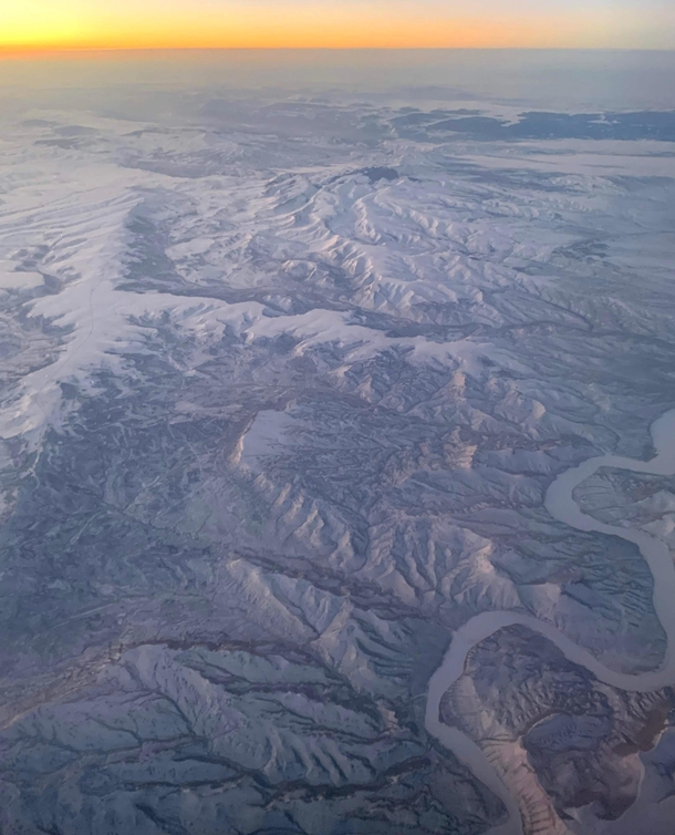 Snowy landscape while flying over Wyoming 