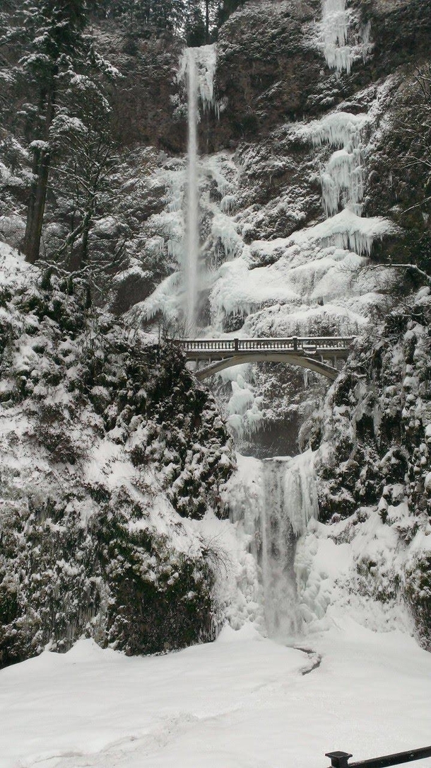 Snowy Multnomah Falls Oregon USA 