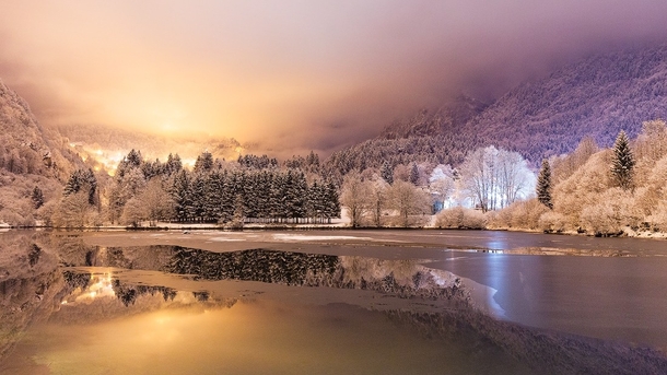 Snowy night on Lake Lenna in the Brembana Valley north of Italy  Photo by Davide Arizzi xpost from rItalyPhotos