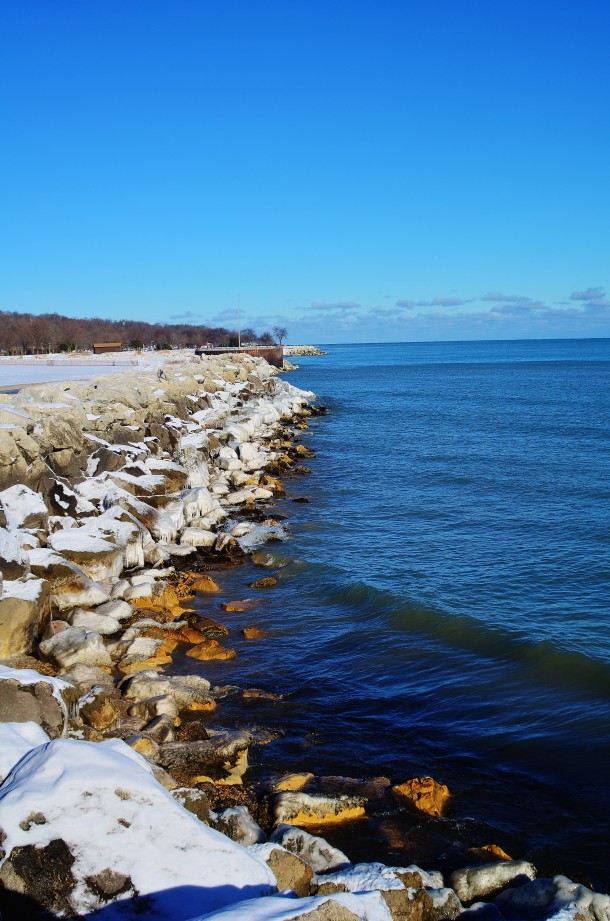 Snowy rocky shore of Lake Michigan Milwaukee Wisconsin 