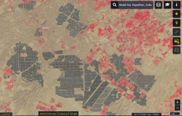 Solar farm cluster in far western India false colour satellite image Courtesy Sentinel satellites of ESA