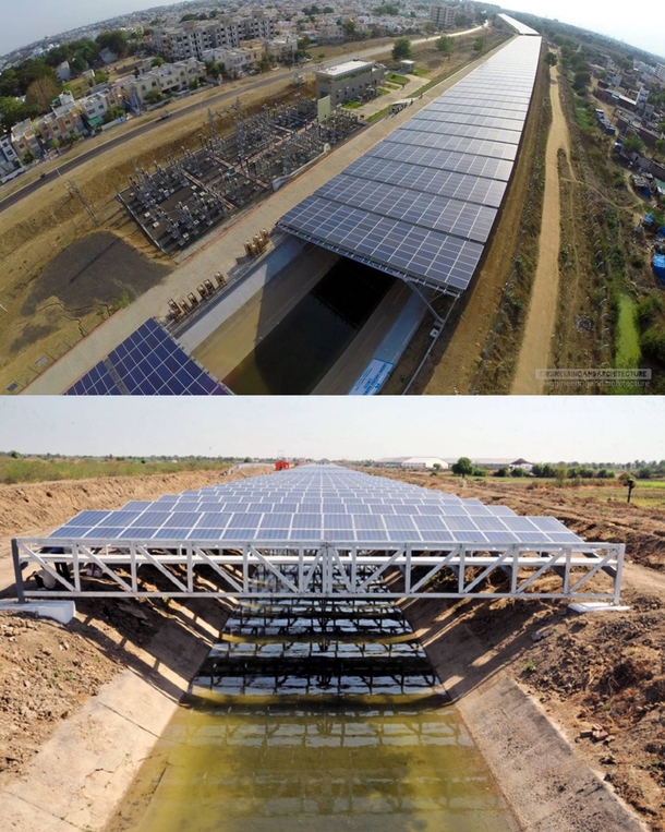 Solar panels being integrated into canals in India giving us Solar canals it helps with evaporative losses doesnt use extra land and keeps solar panels cooler