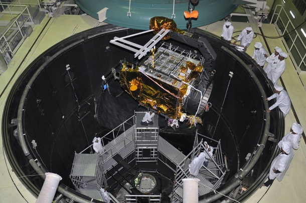 Space simulation chamber of the Indian space agency ISRO The spacecraft being lowered into it is the Mars orbiter which will be launched on November  