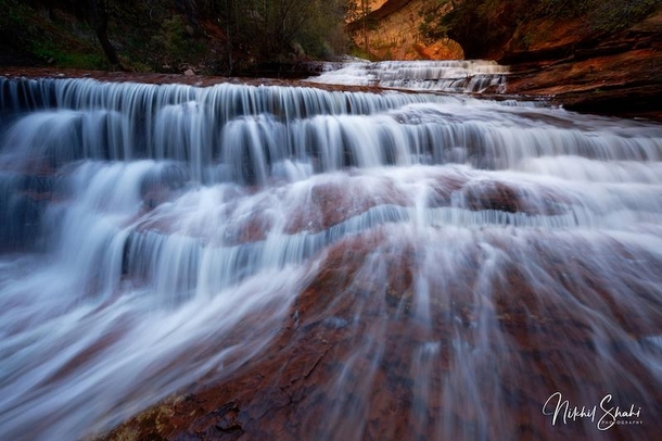 Spring snowmelt at Archangel Falls en route to The Subway in Zion National Park Utah  OC   X   IG thelightexplorer