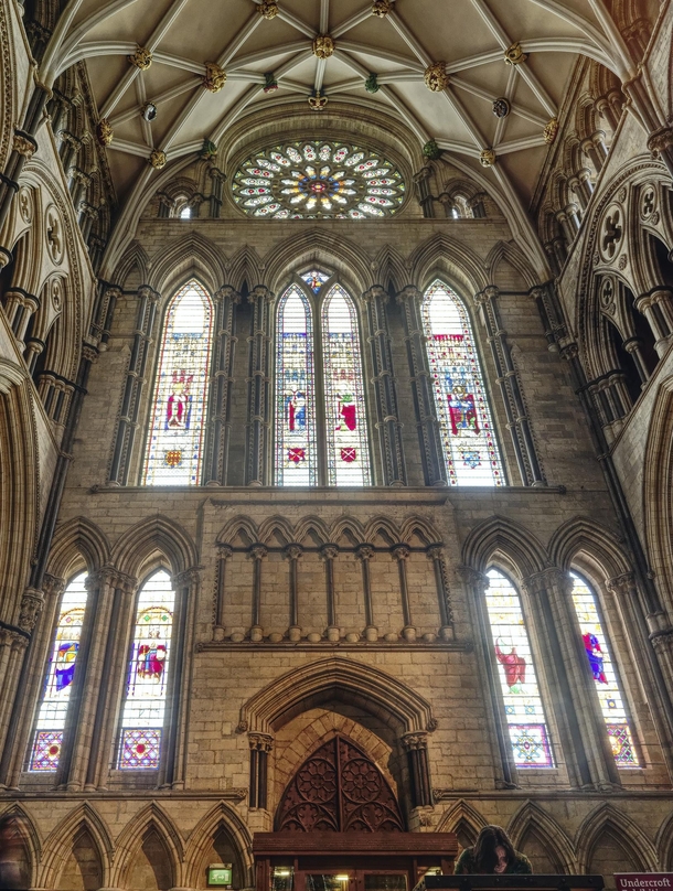 Stained glass in York Minster Yorkshire England 