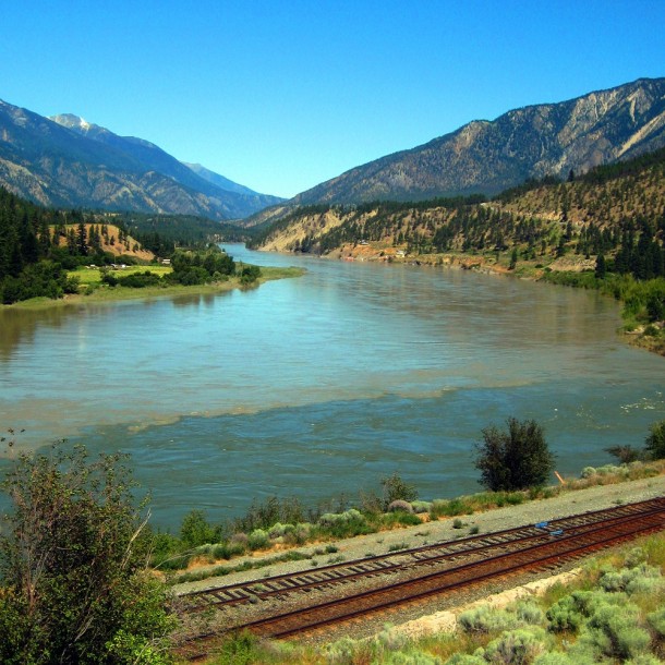 Striking contrast as the clear Thompson River meets the muddy Fraser River at Lytton British Columbia 