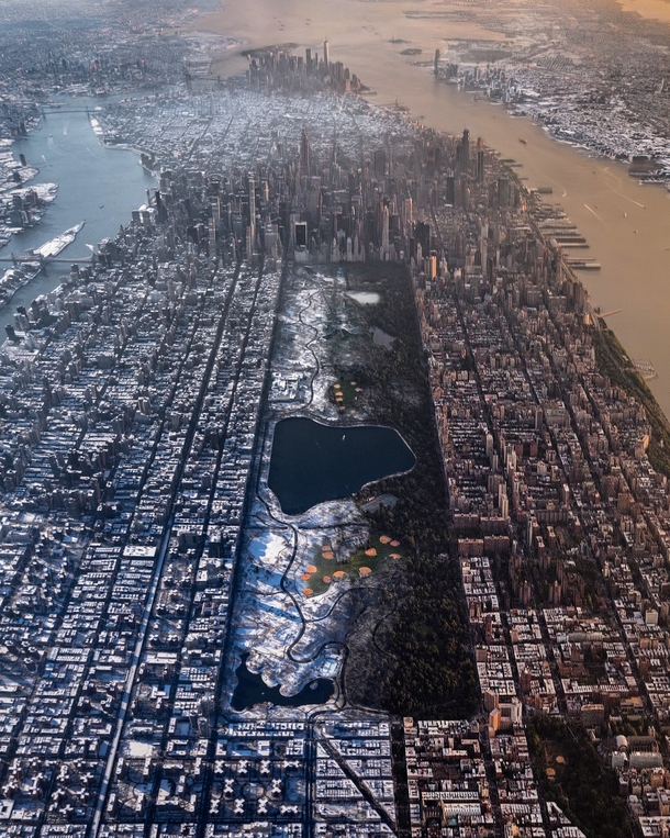 summer and winter composite image from two helicopter photographs over Manhattan - Paul Seibert photo