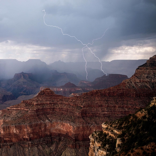 Summer thunderstorm striking the south rim of the Grand Canyon 