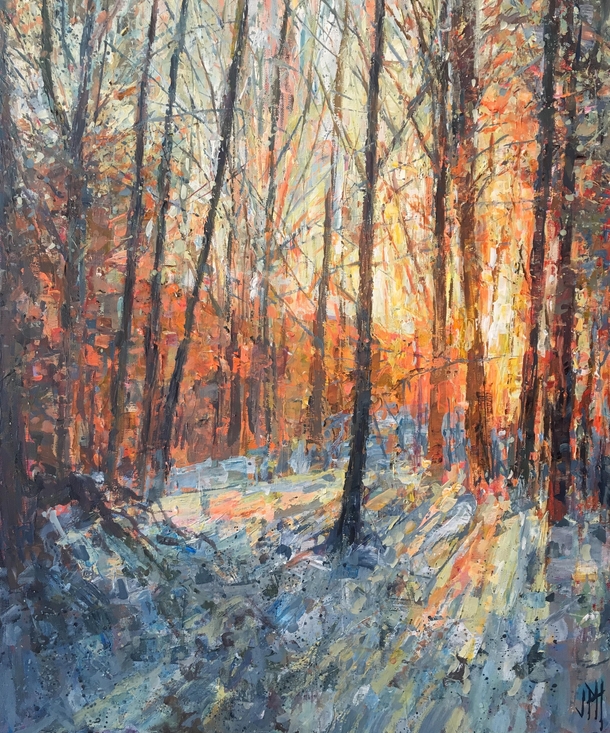 Sun meeting snow acrylic painting I did of woods in Newfane Vermont