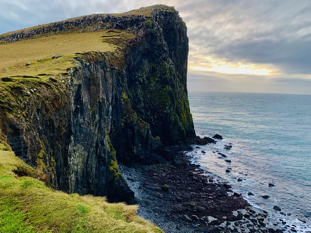 Sun setting at Neist Point cliff on the Isle of Skye Scotland 