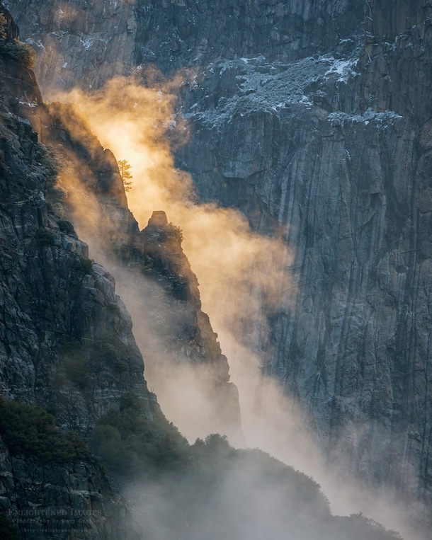 Sunlight and mist on the cliffs of Yosemite Valley Yosemite National Park CA 