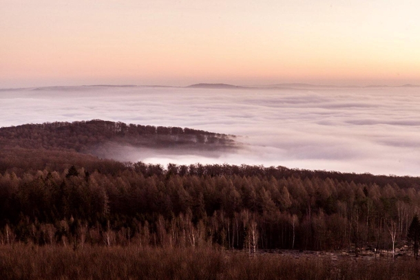 Sunrise and Fog over the city from a mountain next to Kassel Germany 