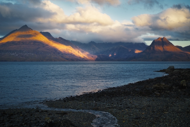Sunrise light on the Black Cuillin mountains from Elgol Love at first sight Isle of Skye Scotland UK 