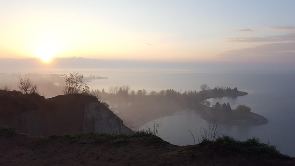 Sunrise on a foggy morning over the Scarborough Bluffs amp Lake Ontario east Toronto 
