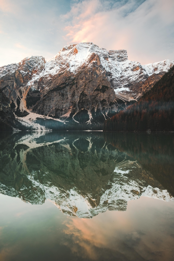 Sunrise reflections at the incredible Lago di Braies in the Italian Dolomites  IG dom_reardon_photo