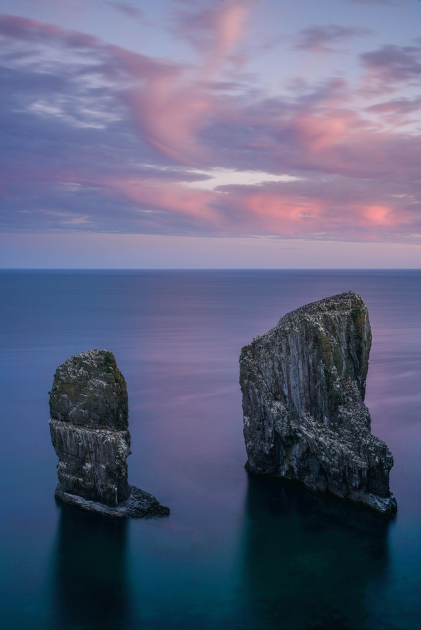 Sunset at the beautiful Elegug Stacks in Pembrokeshire Wales - Zooming in you can see all the birds nesting 