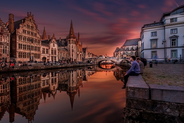 Sunset at the canal in Graslei Belgium 