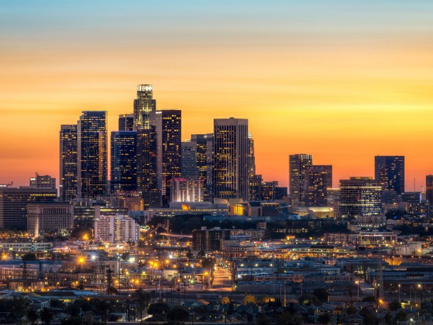 Sunset behind Downtown Los Angeles California 