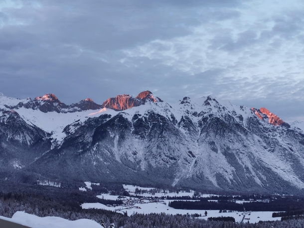 Sunset creating copper peaks in the Tyrol Mountains 