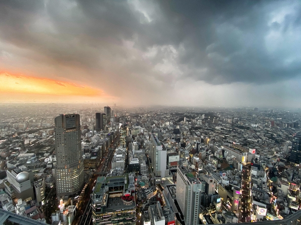 Sunset in Shibuya as the rain moves in 