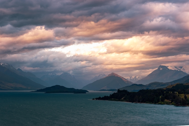 Sunset on a cloudy day at Lake Wakatipu New Zealand 