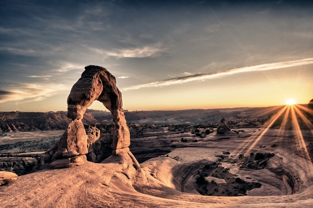 Sunset on Delicate Arch in Utah 