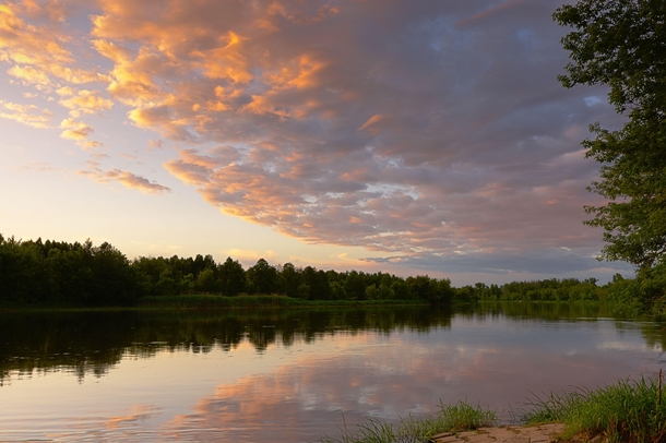 Sunset on River Narew in Ostroka Poland 