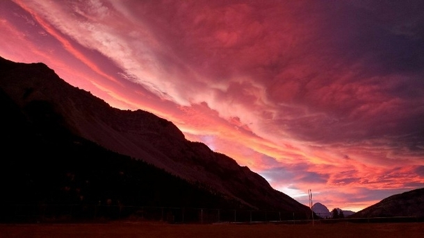 Sunset over Frank AB where a massive landslide killed over  people and buried the coal mining town of Frank AB