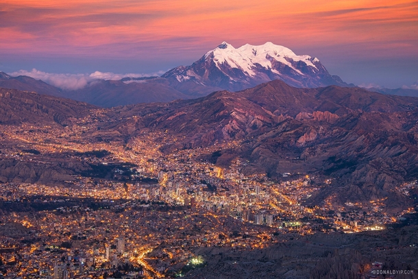 Sunset over La Paz Bolivia with Illimani behind