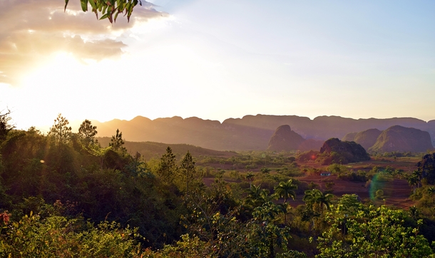 Sunset over the mist Vinales Valley Cuba 